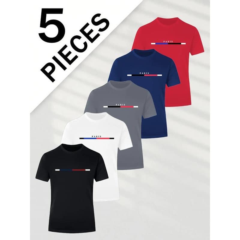 European Size Cotton T-Shirt 5-Pack Men's Daily Casual Short-Sleeve Crew Neck Cross-Border