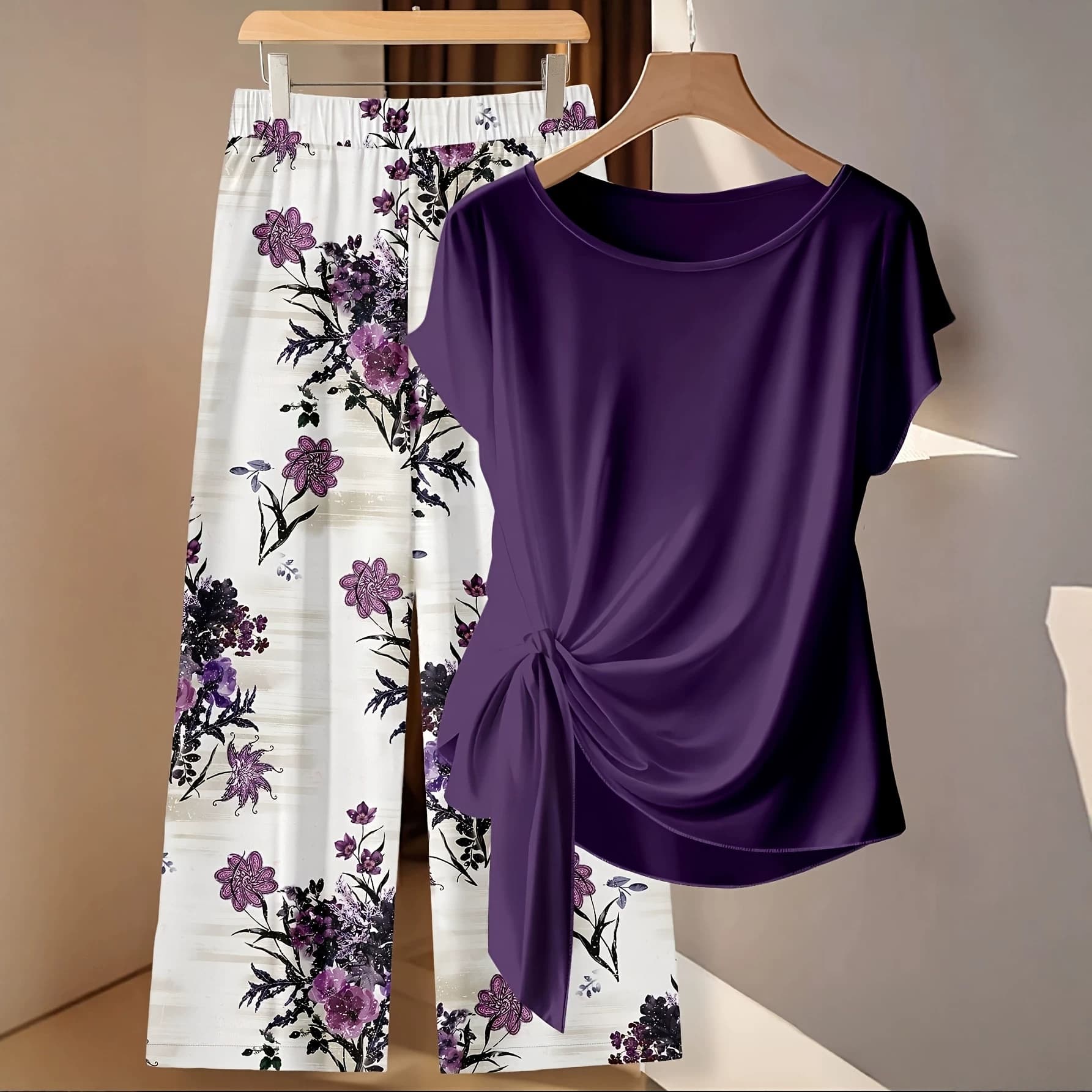 Cross-border suit women's flesh-covering lace-up short-sleeved printed wide-leg pants for home and outing two-piece set