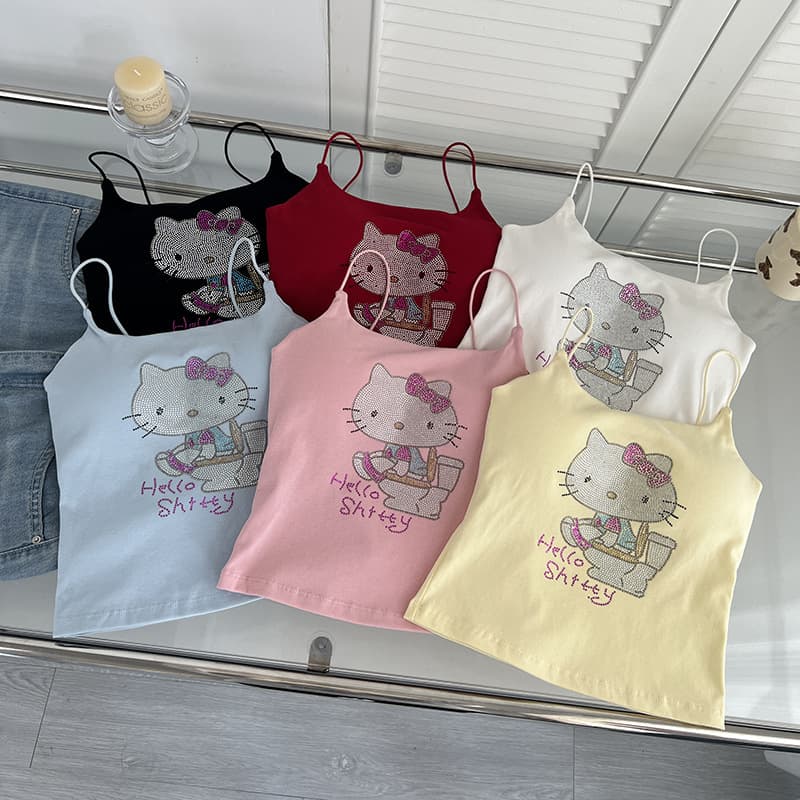 Trendy Cat Rhinestone Niche Beauty Back Camisole for Women Summer with Chest Pads for Inner or Outer Wear Sleeveless Base Top