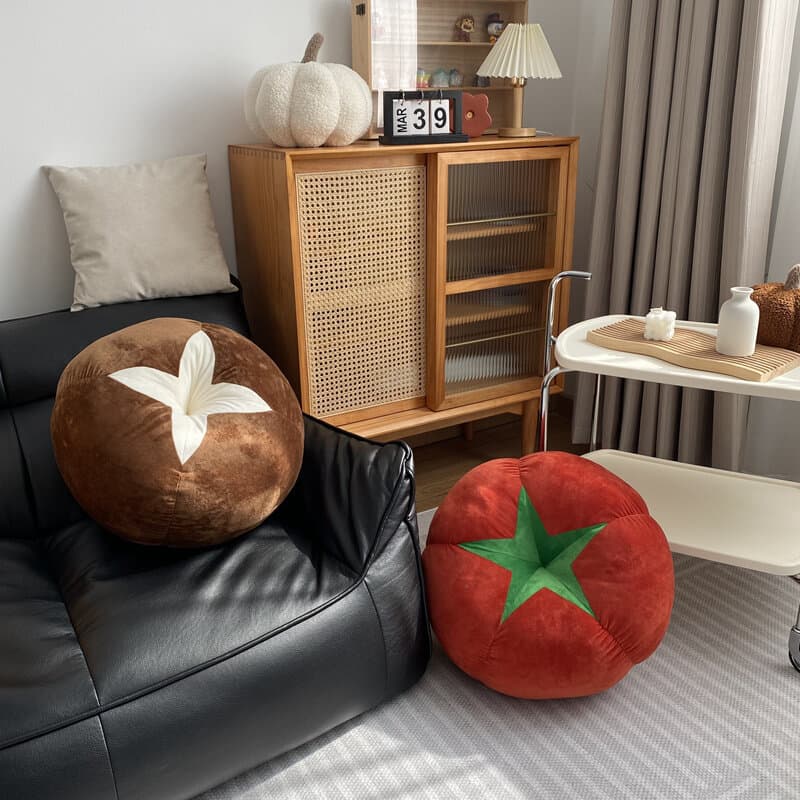 Creative Mushroom Tomato Cushion, Vegetable Sofa Pillow, Realistic Plush Throw Pillow, Leg Crossed Seat Doll