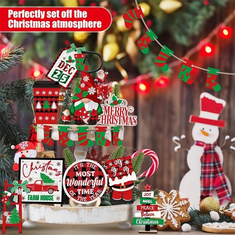 14 Pcs Christmas Tiered Tray Decor Gnome Christmas Stocking Wooden Table Centerpiece Farmhouse Family Party