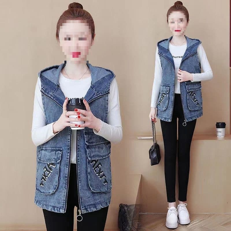 Spring Autumn Plus Size Loose Hooded Denim Vest Jacket Women Mid-Length Fashion Embroidery Versatile Casual Vest