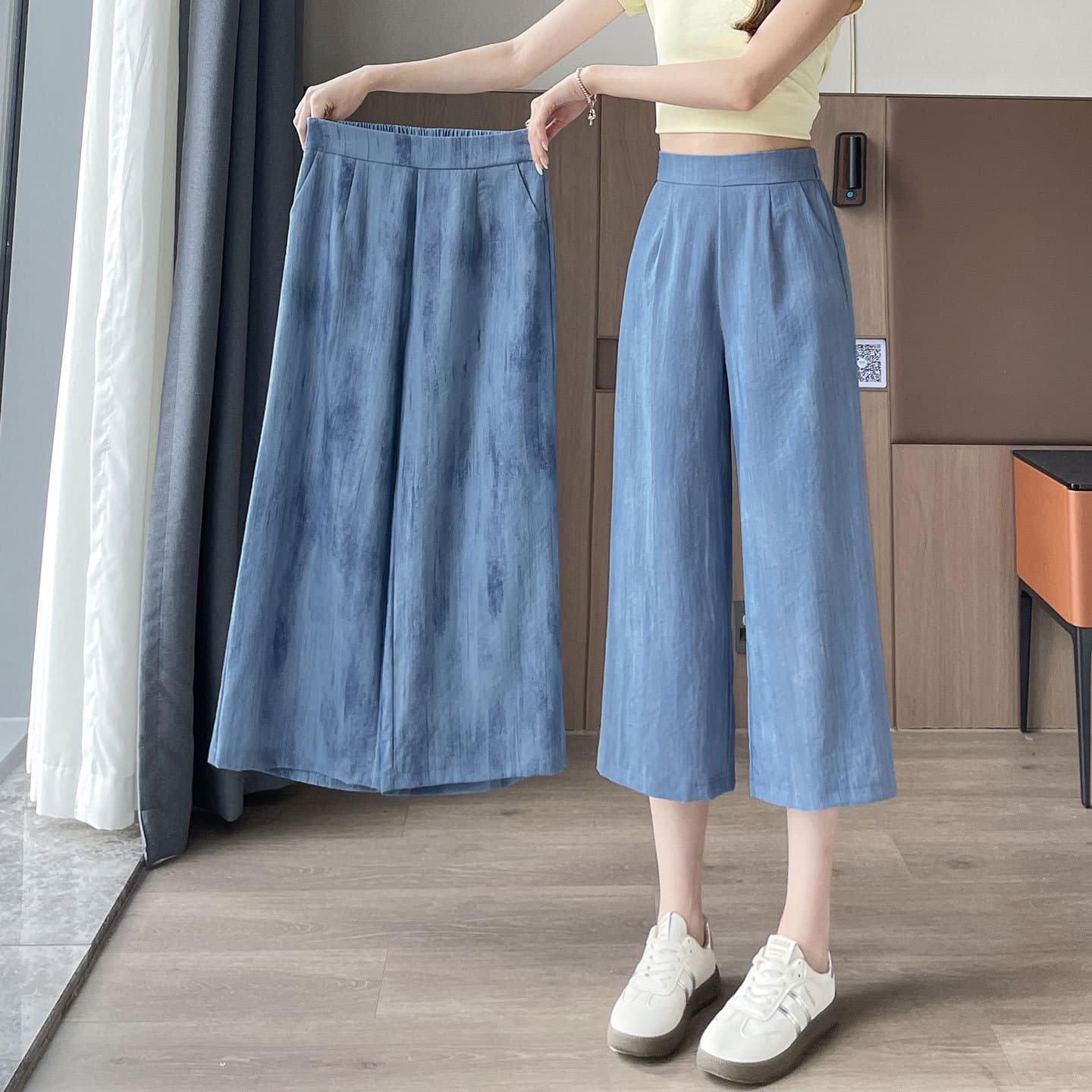 Ice Silk Tie-Dye Cotton Linen Wide-Leg Pants for Women, Summer Thin Style, Plus Size, Linen Cropped Straight Pants