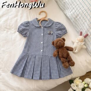 FHW Summer New Girls Plaid Dress Puff Sleeve Baby Girl Blouse Trendy Princess Dress