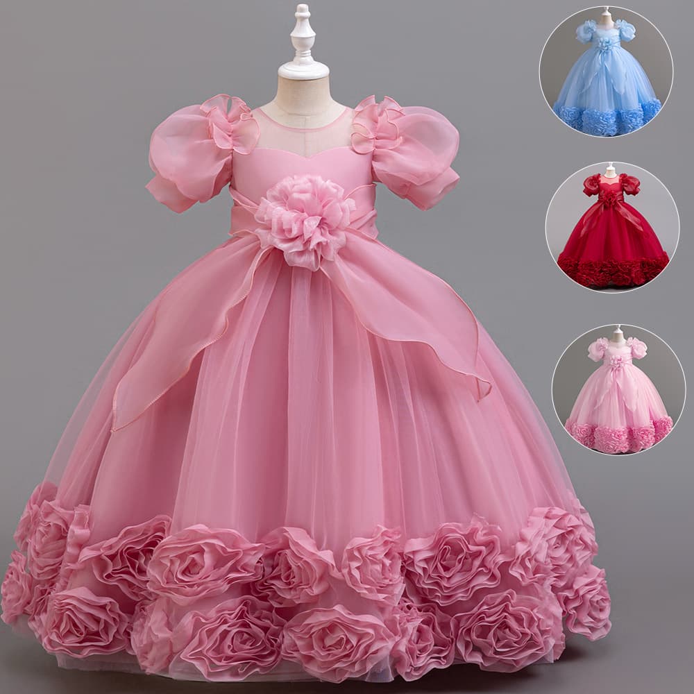 Girls' Princess Dress with Lantern Sleeves And Big Flower Embellishments Puffy Tulle for Birthday Party Performance