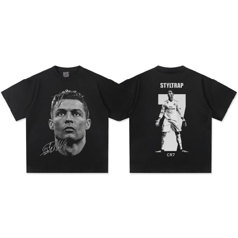 Ronaldo American Street Print Heavyweight T-Shirt Men Cross-Border Retro Washed Distressed American Streetwear Pure Cotton Small Collar