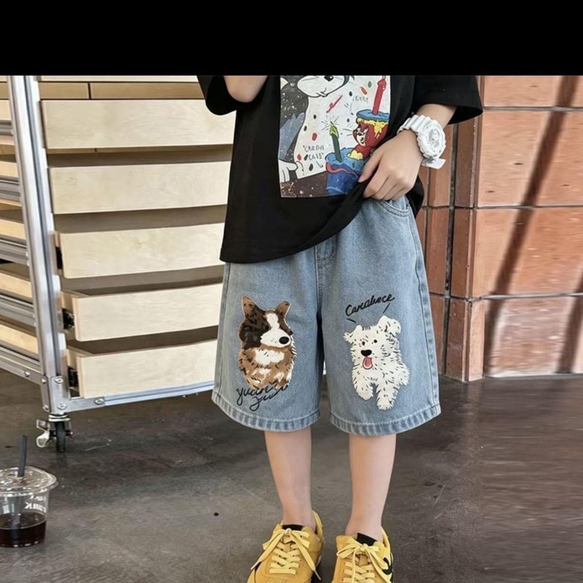 Boys' new 2026 summer denim shorts straight-leg casual Korean style shorts versatile cute animal jeans