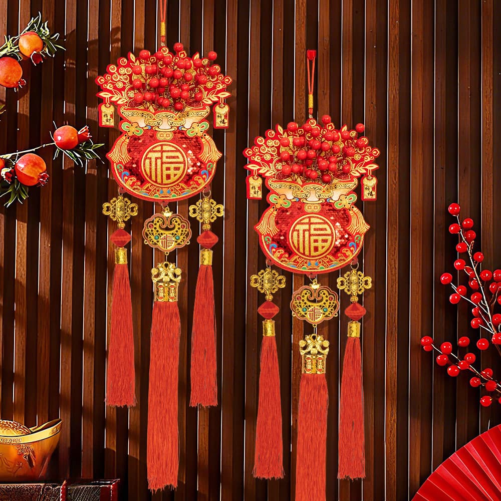 2026 New Spring Festival Festive Flocked Printed Fu Pouch, Red Fruit Hanging Strands, New Home Indoor Living Room Decoration Hanging Ornaments
