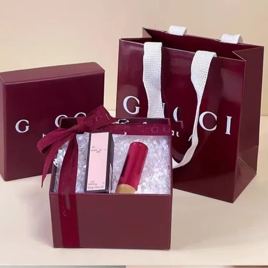 Wine Red Counter Perfume Gift Box and Bag, Original Gu Family Gift Box, Gu Family Lipstick Perfume Gift Box, Lipstick Cushion Case