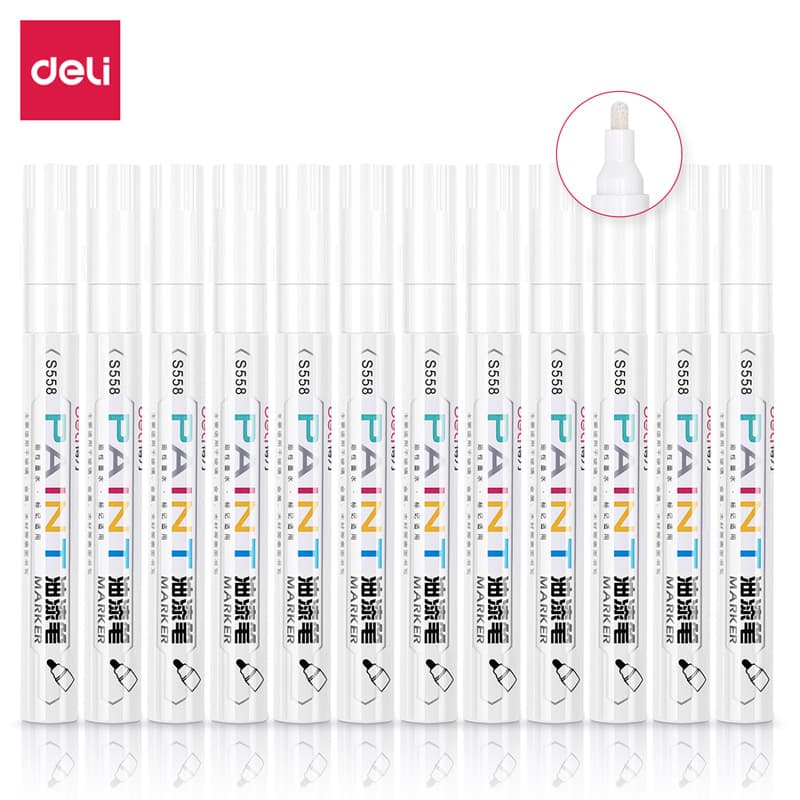 Deli S558 Paint Pen White Marker Tire Touch-Up Pen Oil-Based Pen White (12 pcs/box)
