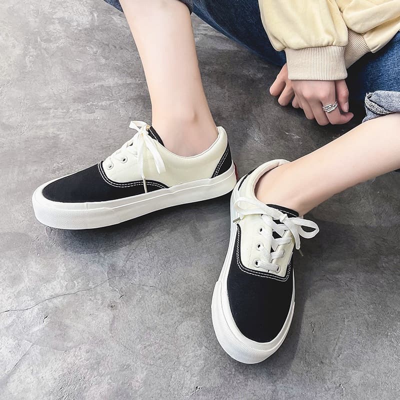 2024 Spring New Korean-style Chic Color-Block Spliced Canvas Shoes for Female Students, Cute Ins Niche Casual Sneakers