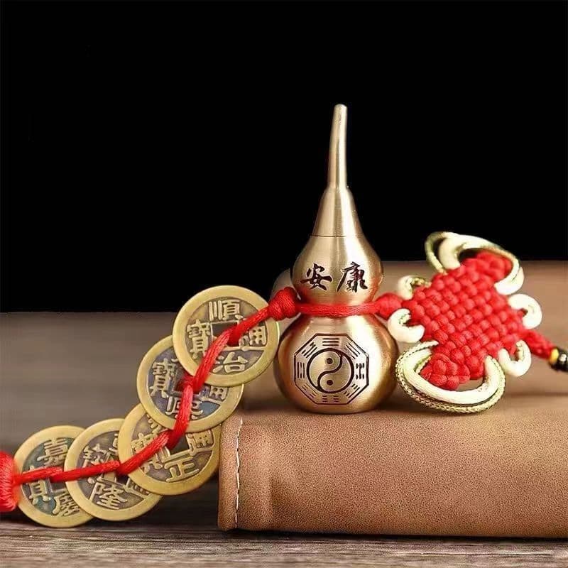 Brass 7cm x 4cm Copper Gourd Five Emperor Coins Pendant, Fortune and Health Bagua Cinnabar Gourd with Thickened Five Emperor Coins