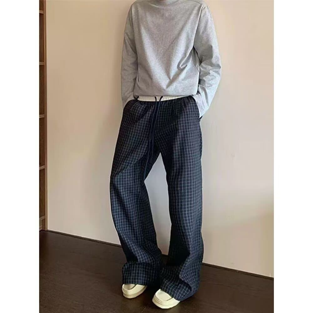 American Retro Blue Plaid Pants Women's 2026 Summer New Lazy Thin Low-Waist Wide-Leg Pants Casual Pants