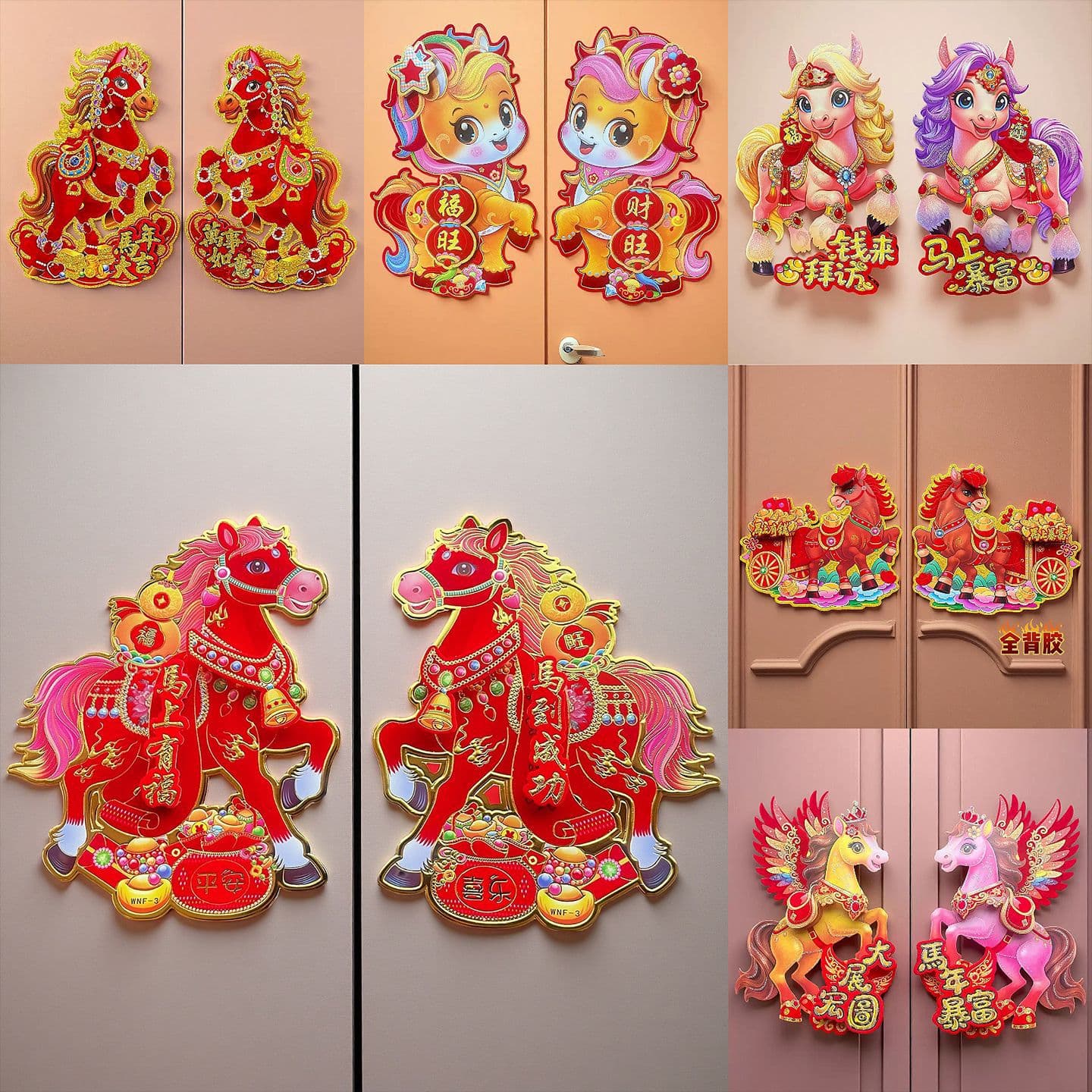 2026 Year of the Horse 3D Flocked Zodiac Sticker Pair for Glass Doors, New Year Cartoon Decoration