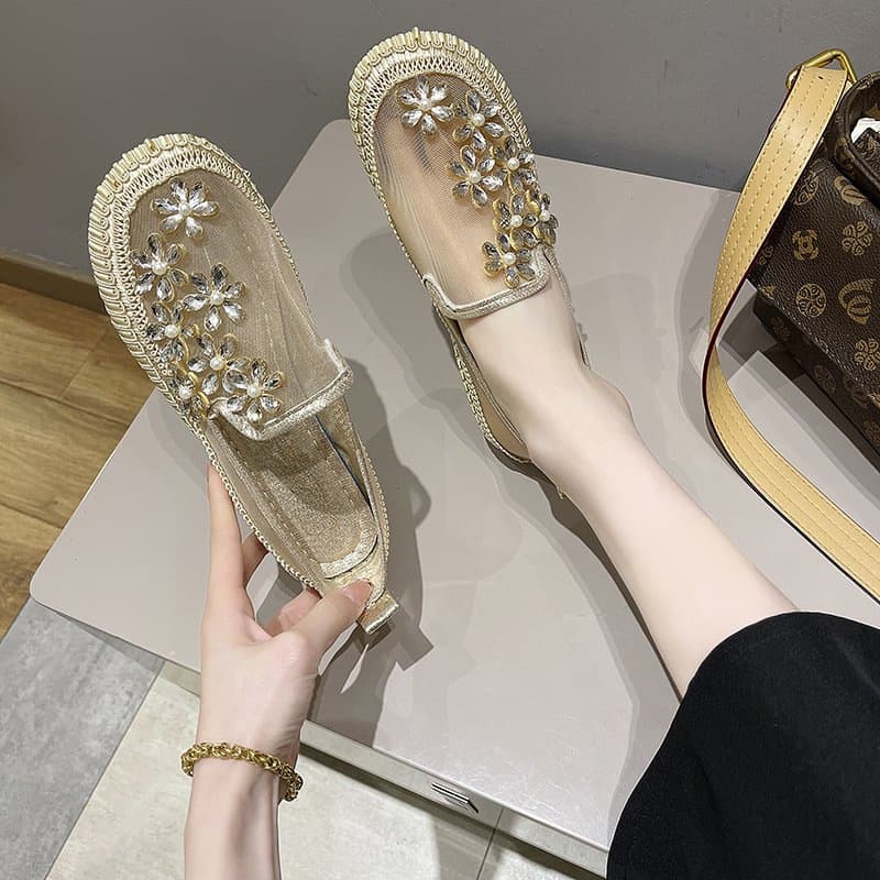 New Spring/Summer Fisherman Loafers for Women, Soft Sole Breathable Slip-On Comfortable Rhinestone Flower Mesh Flat