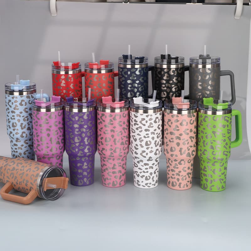Cross-Border Leopard Print Style 40oz Car Cup with Handle and Straw, 304 Stainless Steel Insulated Cup, Large Capacity Ice Cup