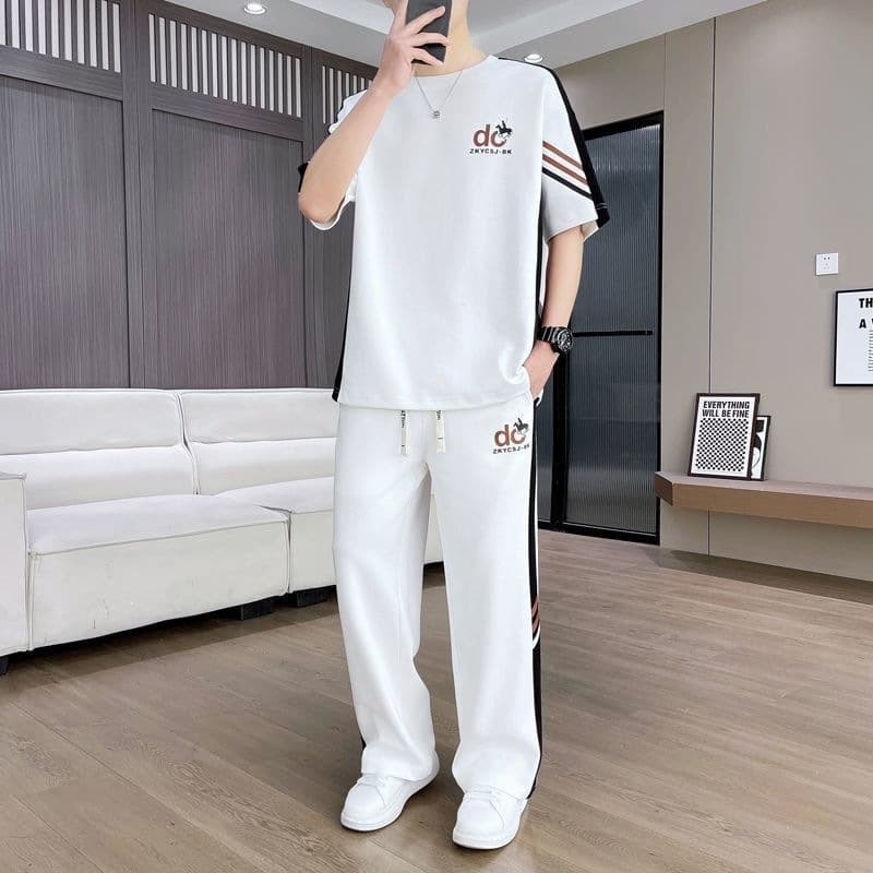 Men's Summer Personalized Fashion Letter Print Two-Piece Set, Classic Sporty Casual Loose Fit Set for Teen Boys