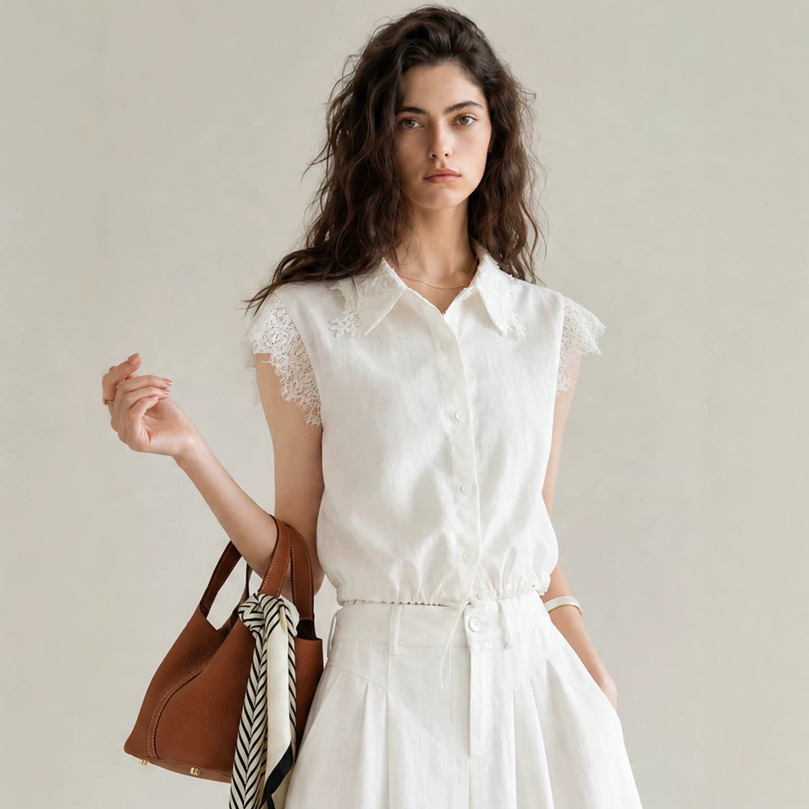 26 New Summer Style French White Lace Patchwork Shirt for Women with Lace Flutter Sleeves, Turn-Down Collar, Waist-Cinching Design, Versatile Top
