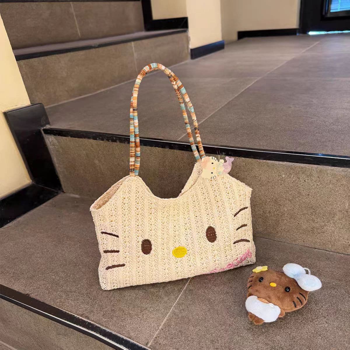 Straw Woven Embroidered Kitty Cat Shoulder Bag, New Casual Versatile Tote for Women