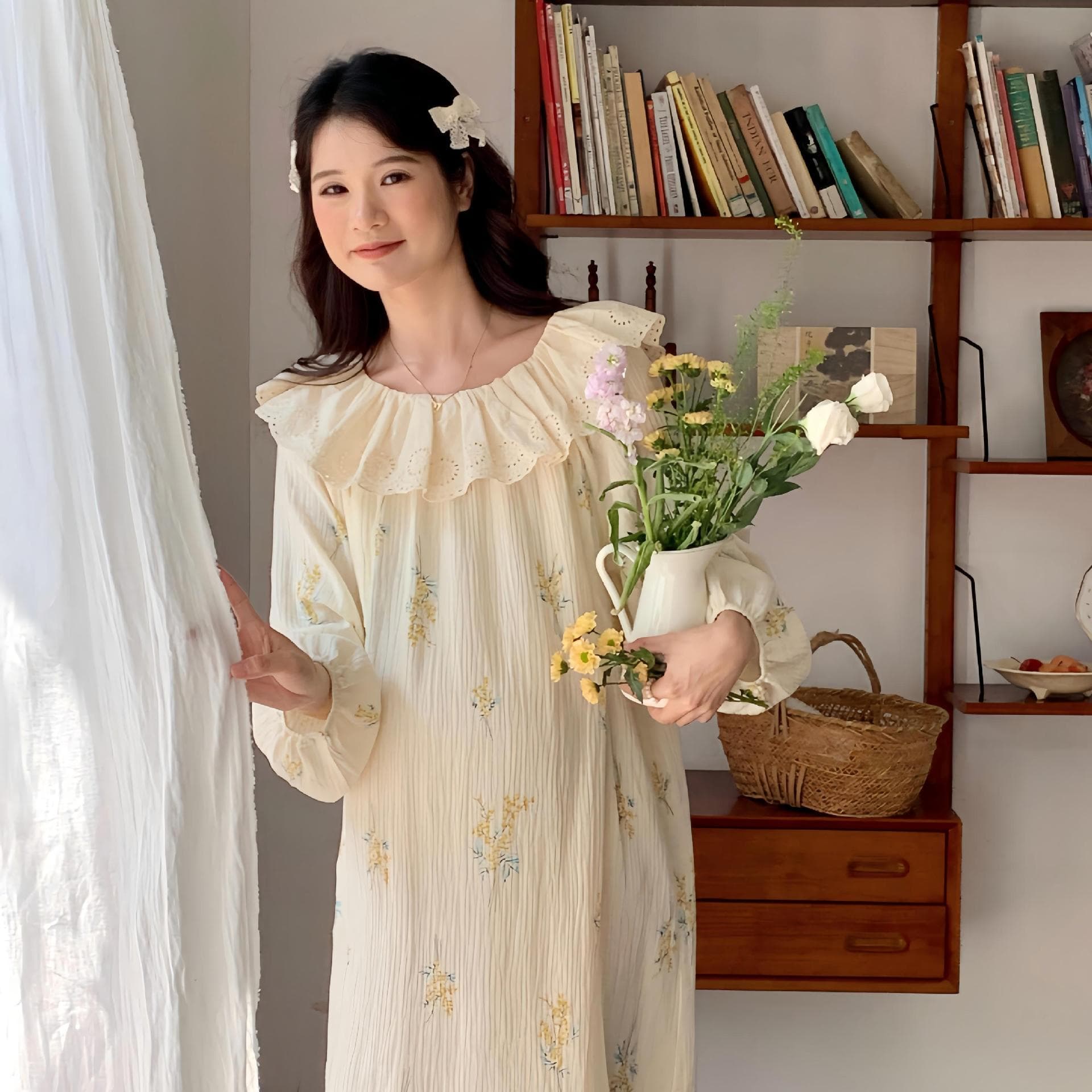 【88098 In Stock】Nursing Nightgown Autumn Winter Maternity Sleepwear Hospital Gown Thin Cotton Gauze