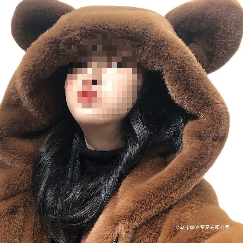 2025 Autumn/Winter Faux Mink Faux Fur Coat with Cute Bear Ears, Thickened Loose Mid-Length Fuzzy Outerwear