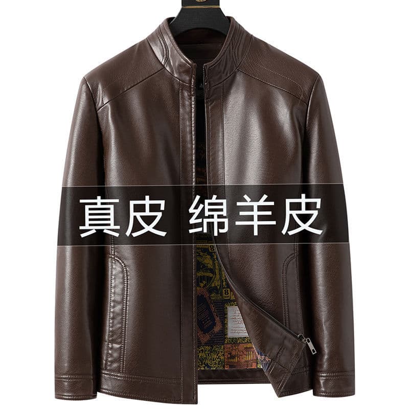 Autumn and winter new Haining genuine leather jacket for middle-aged men, sheepskin casual large size leather jacket with velvet for dad