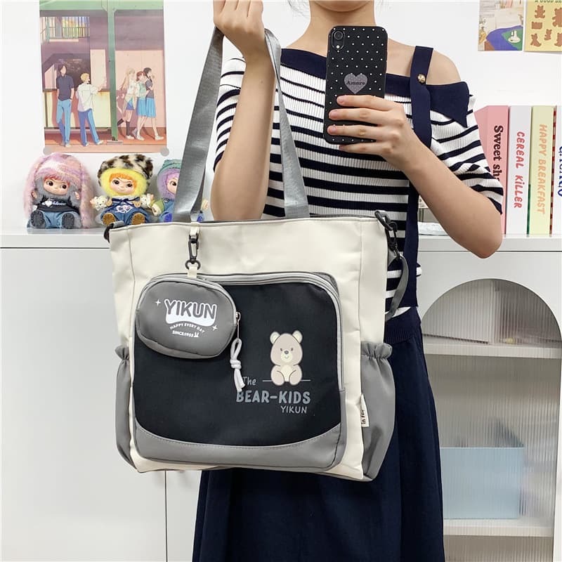 Fashion Women's Bear Bag Embroidered Canvas Tote Bag Handheld Shoulder Bag Student Versatile Commuter Casual School Bag