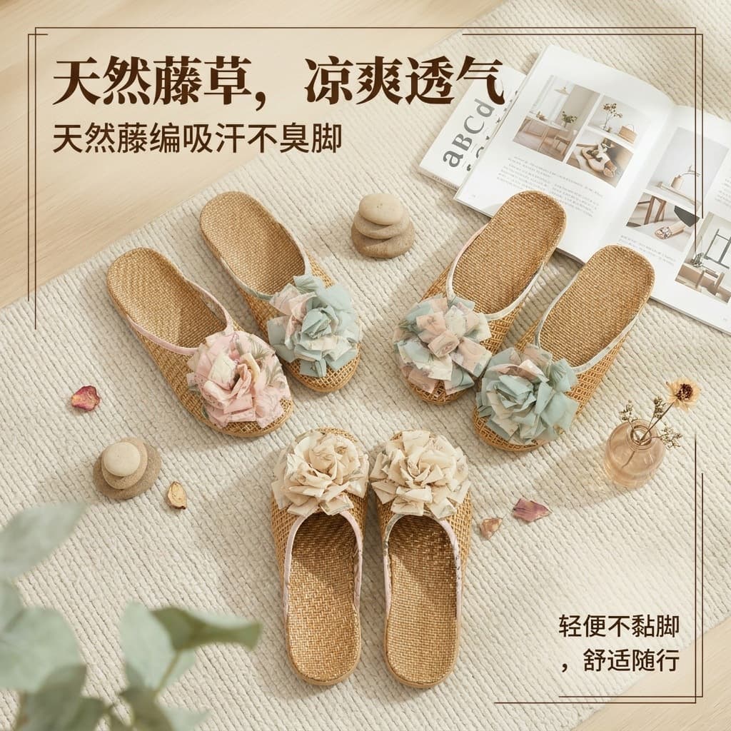 Summer New Floral Rattan Mat Slippers Women's Indoor Anti-Slip Soft Sole Breathable Durable Quiet Cool Slippers Women