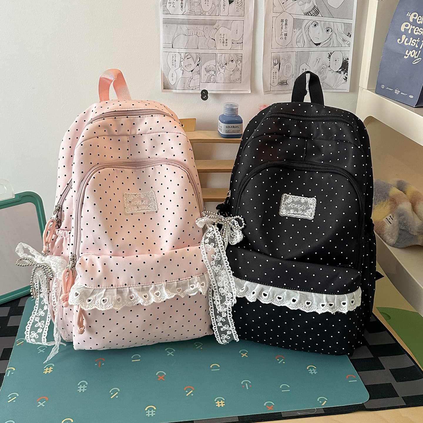 Student backpack, junior high school student atmosphere, polka dot lace, sweet style school bag, class travel backpack, women