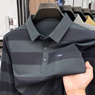 New Spring/Autumn Middle-Aged Men's Striped Polo Shirt, Casual Fashion Loose Long-Sleeve Polo Top Undershirt