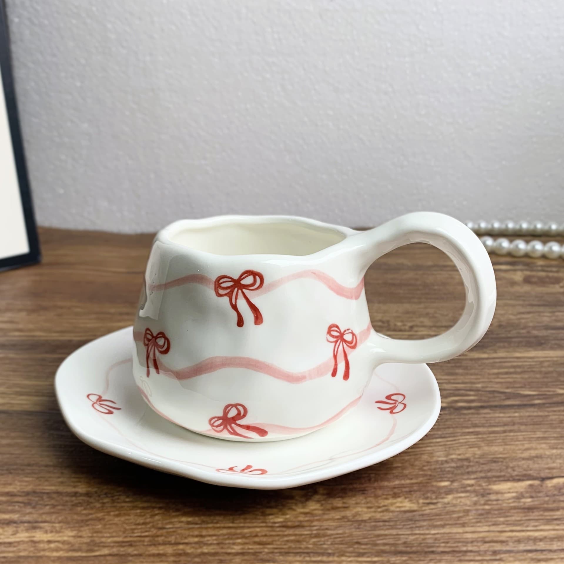 French Lace Bow Tableware Set Coffee Cup Saucer Plate Fish Plate Home Use Dessert Bowl Ceramic Bowl Plate Combination
