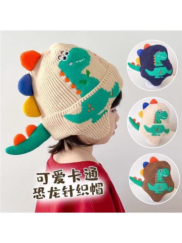 Cute cartoon dinosaur ear flap hat for boys and babies, knitted hat for autumn and winter, warm woolen hat for girls, windproof.