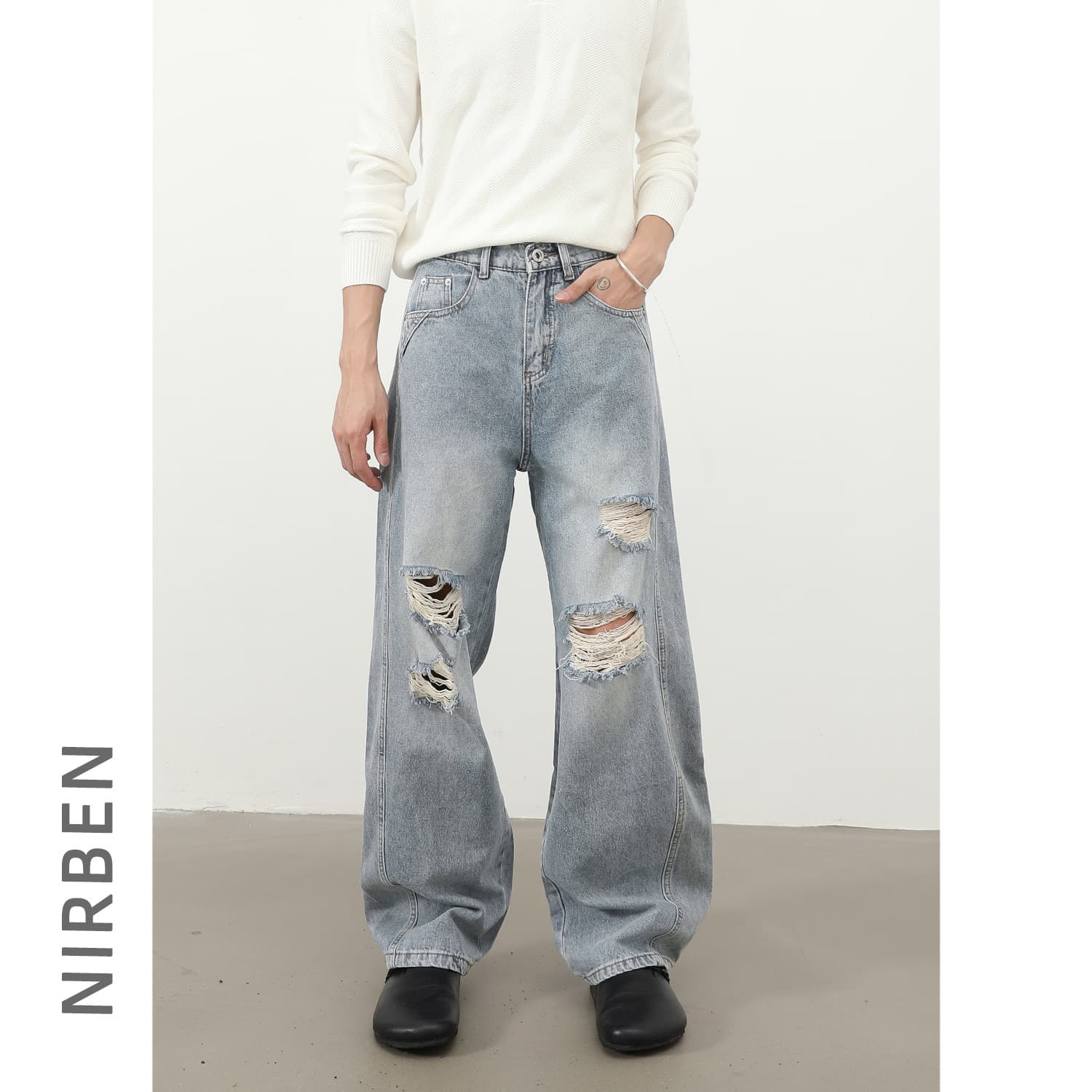 Nirben Denim | American Vintage Ripped Half-Elastic Waist Curved Cut Jeans for Men, Loose Washed Wide-Leg Long Pants