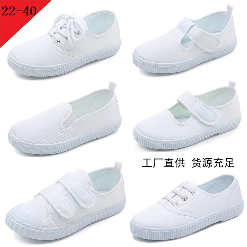 Factory Wholesale Children's White Dance Shoes, Boys Girls Velcro Student White Canvas Shoes for Kindergarten