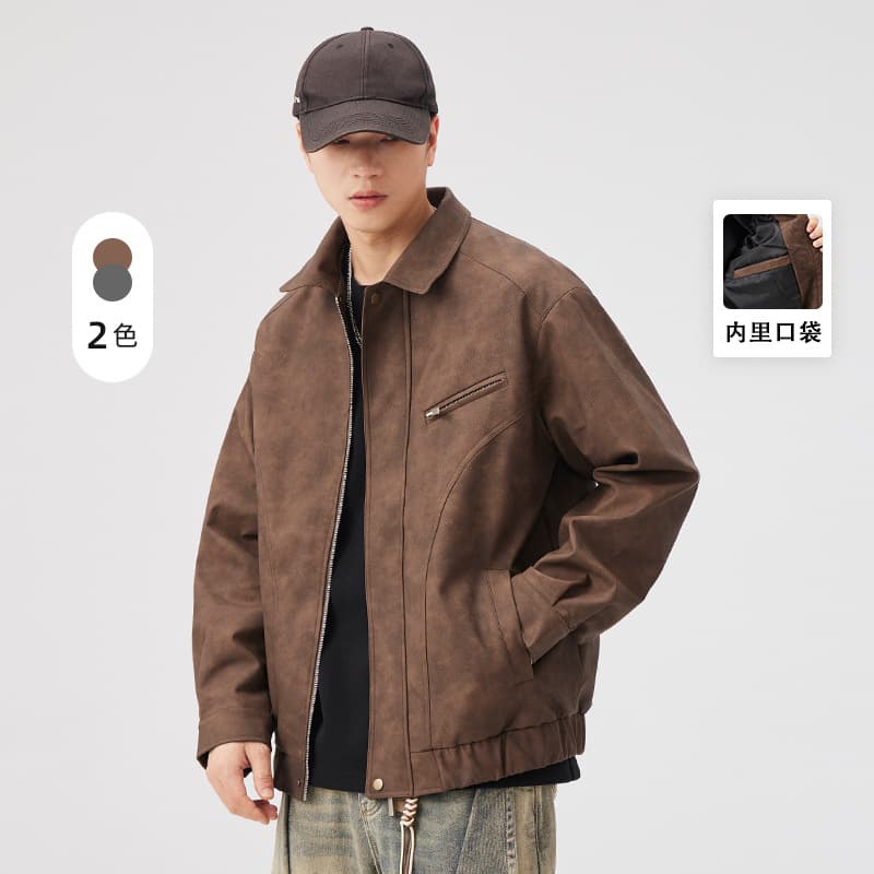 Yizhi Men's American-style workwear premium PU leather jacket, 2025 Spring/Autumn new style, Maillard suede jacket