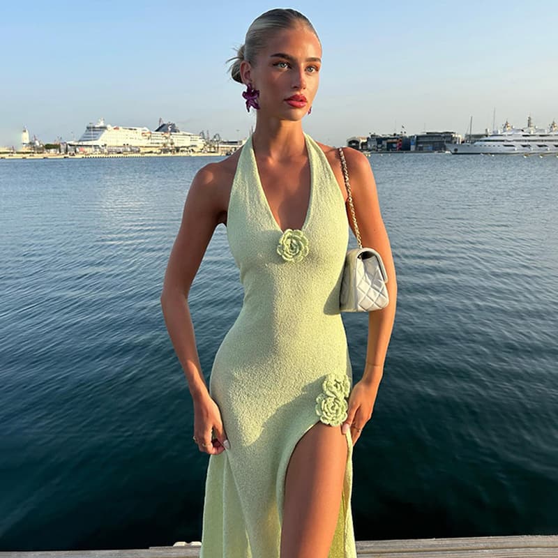 2024 cross-border European and American hot style deep V-neck backless long skirt sexy high slit suspender skirt knitted dress