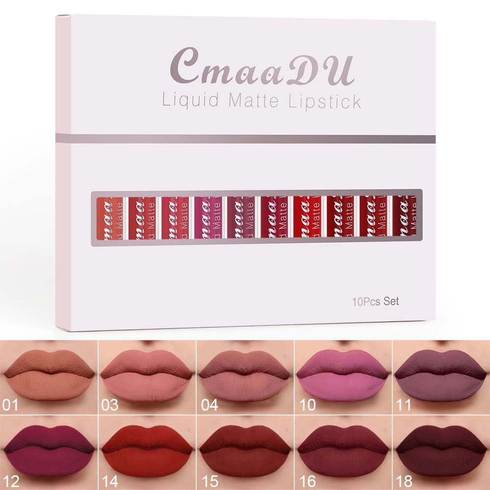 CmaaDu 10-piece lip glaze set matte lip gloss gift box matte lipstick 10 pieces not easy to take off cross-border makeup