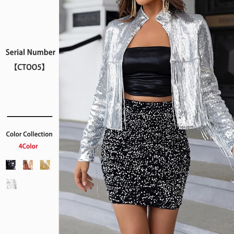 Spring Hot-Selling Stand-Collar Sequin Tassel Women's Jacket, Fashionable and Versatile Long-Sleeve Short Coat for Women, Summer Thin Style