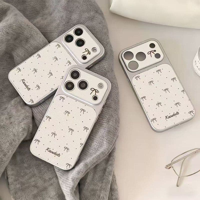Korean style polka dot bow case for Apple 17 Pro, iPhone 16 leather texture 15 electroplated 14 large window