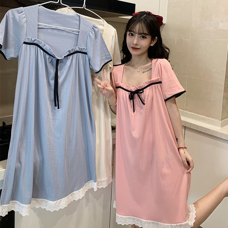 Pajamas for women summer new solid color short-sleeved nightgown 6535 cotton Korean style loose sweet and cute princess style home clothes