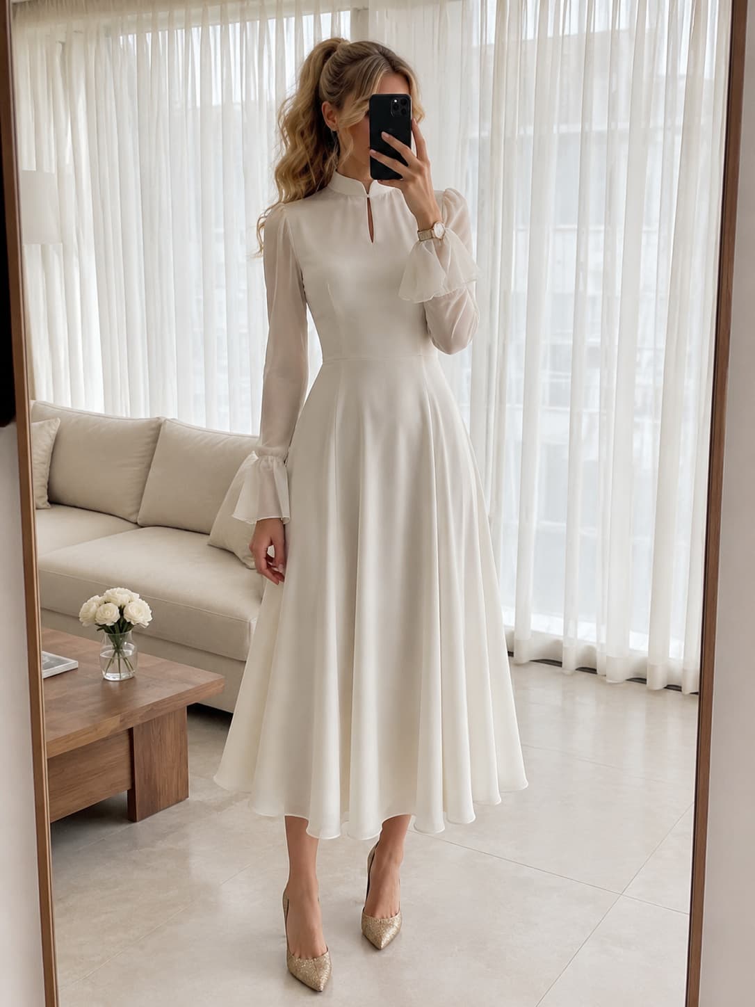 Amazon Elegant Fitted White Long Sleeve Dress for Women French Mid-Length Gown Spring Autumn New Style European and American Fashion
