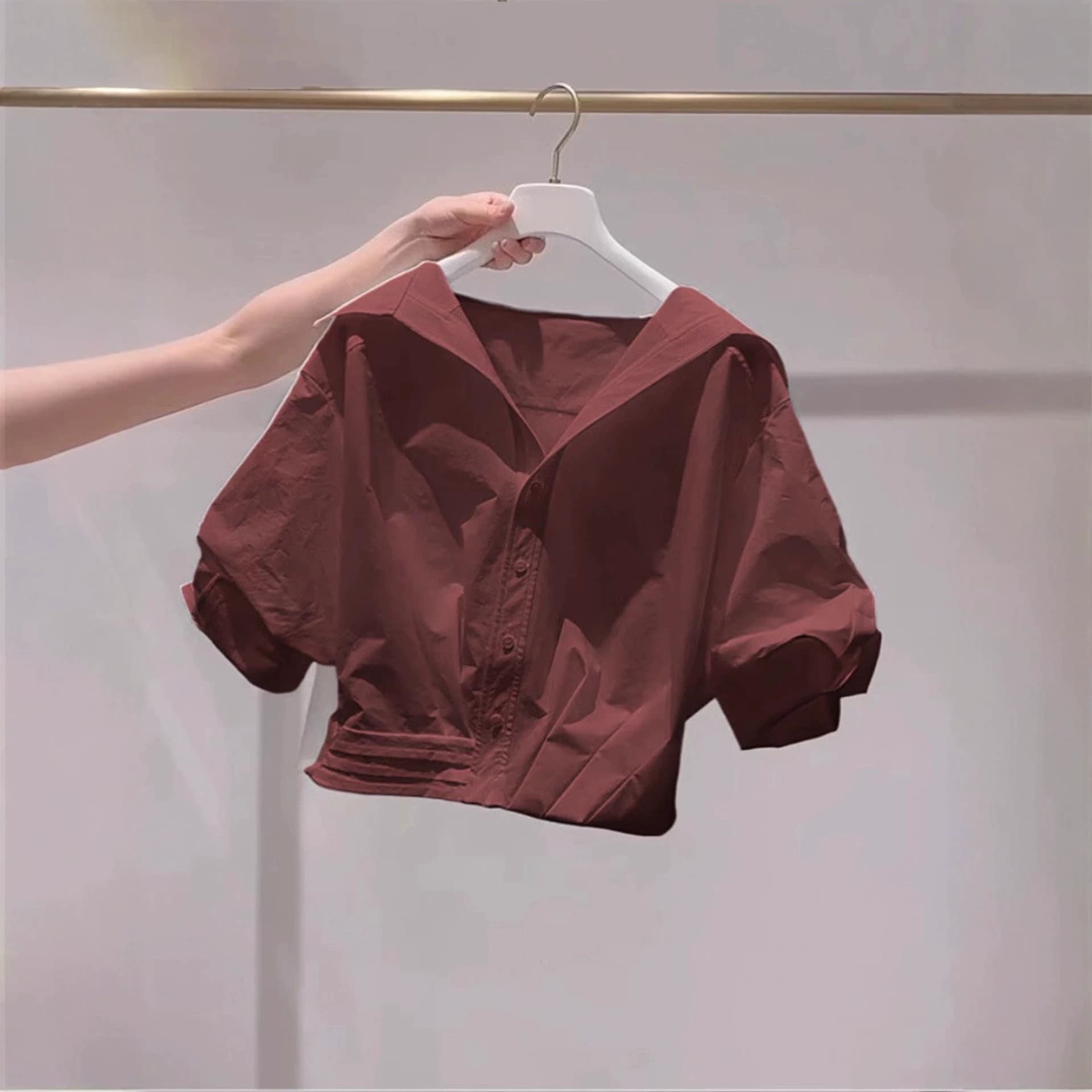 French style brown lapel short versatile shirt for women summer 2026 new light luxury high-end short-sleeved shirt