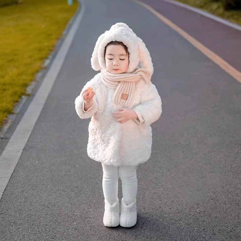 Baby bunny ears coat little girl fur coat double-sided plush plus velvet mid-length cute New Year's wear for girls