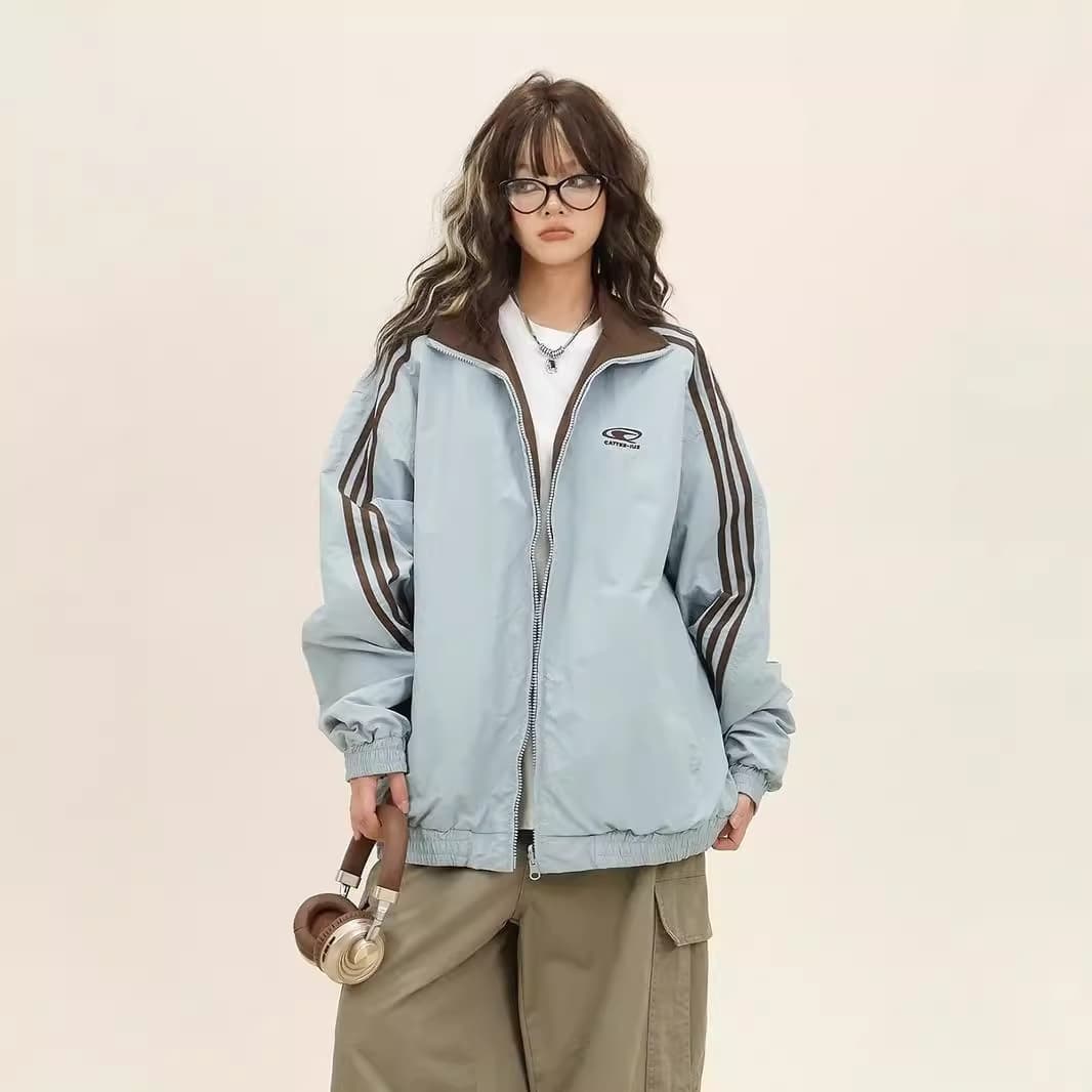 Double-Sided Three-Stripe Contrast Stand Collar Jacket for Men and Women, 2024 Spring/Autumn Loose Casual Couple Outerwear