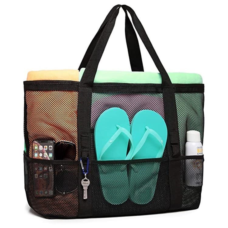 Large capacity toy bag, handheld/shoulder bag, mesh bath bag, 9-pocket travel beach bag, available from Amazon.