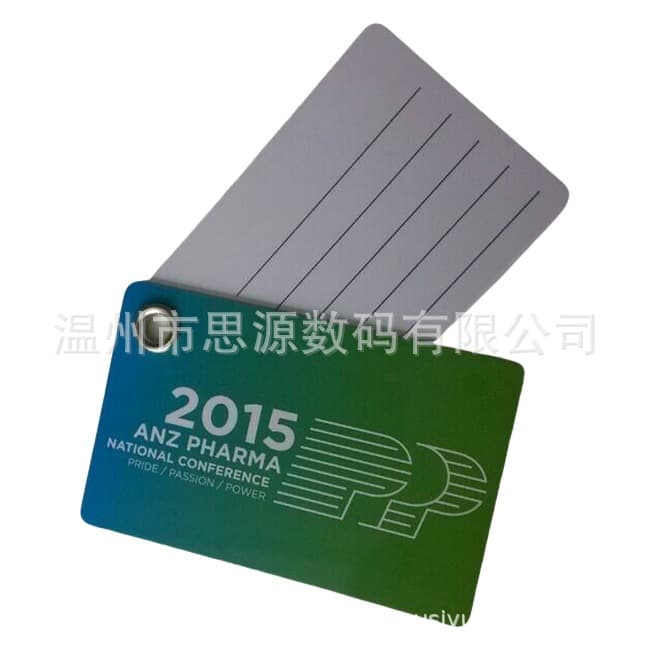 Rigid PVC luggage tag cards, two-piece set, eyelet punched, boarding luggage tags, bulk discounts available.