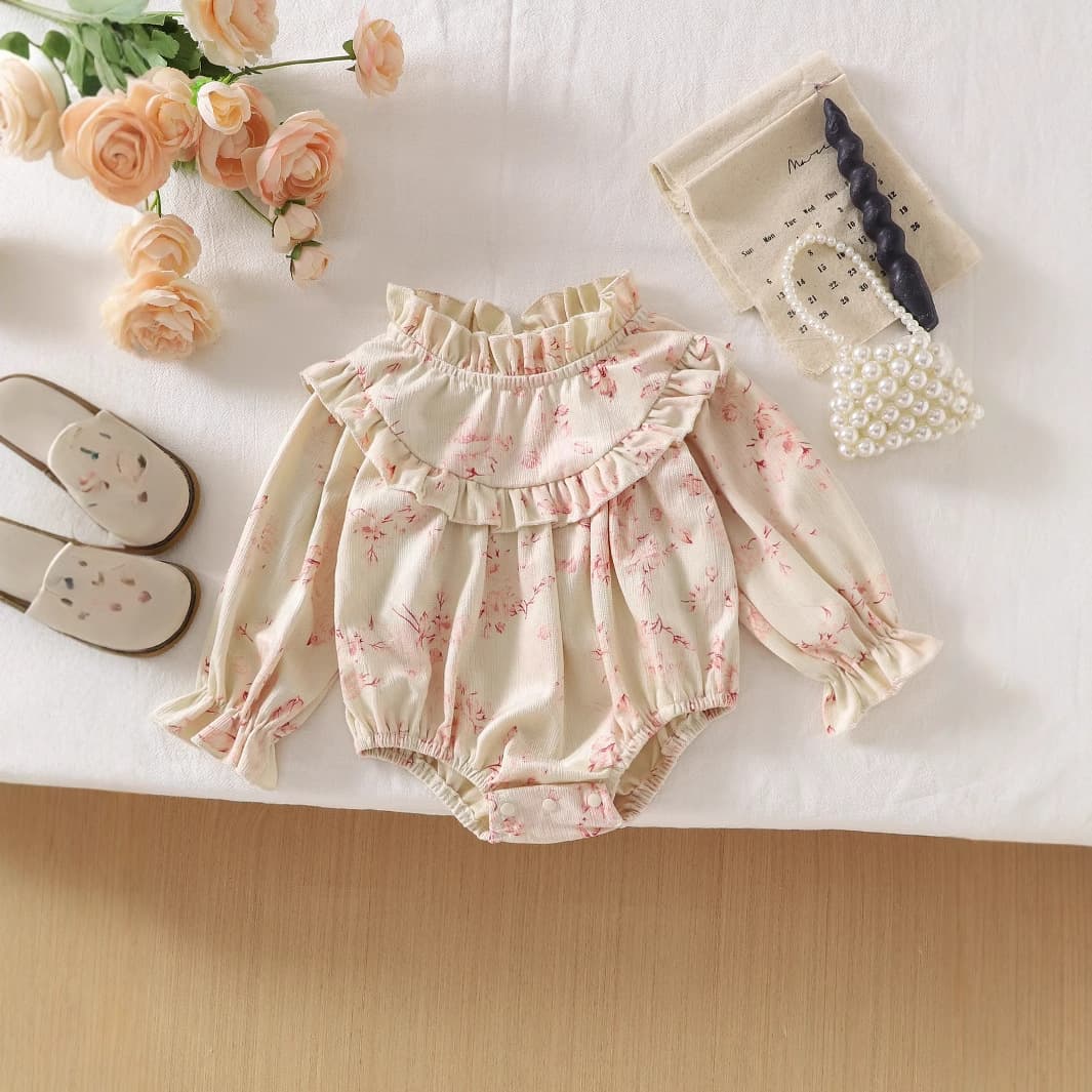 Korean-style Newborn Baby Girl Floral Ruffle Romper Bodysuit Spring Autumn Stand Collar Outfit