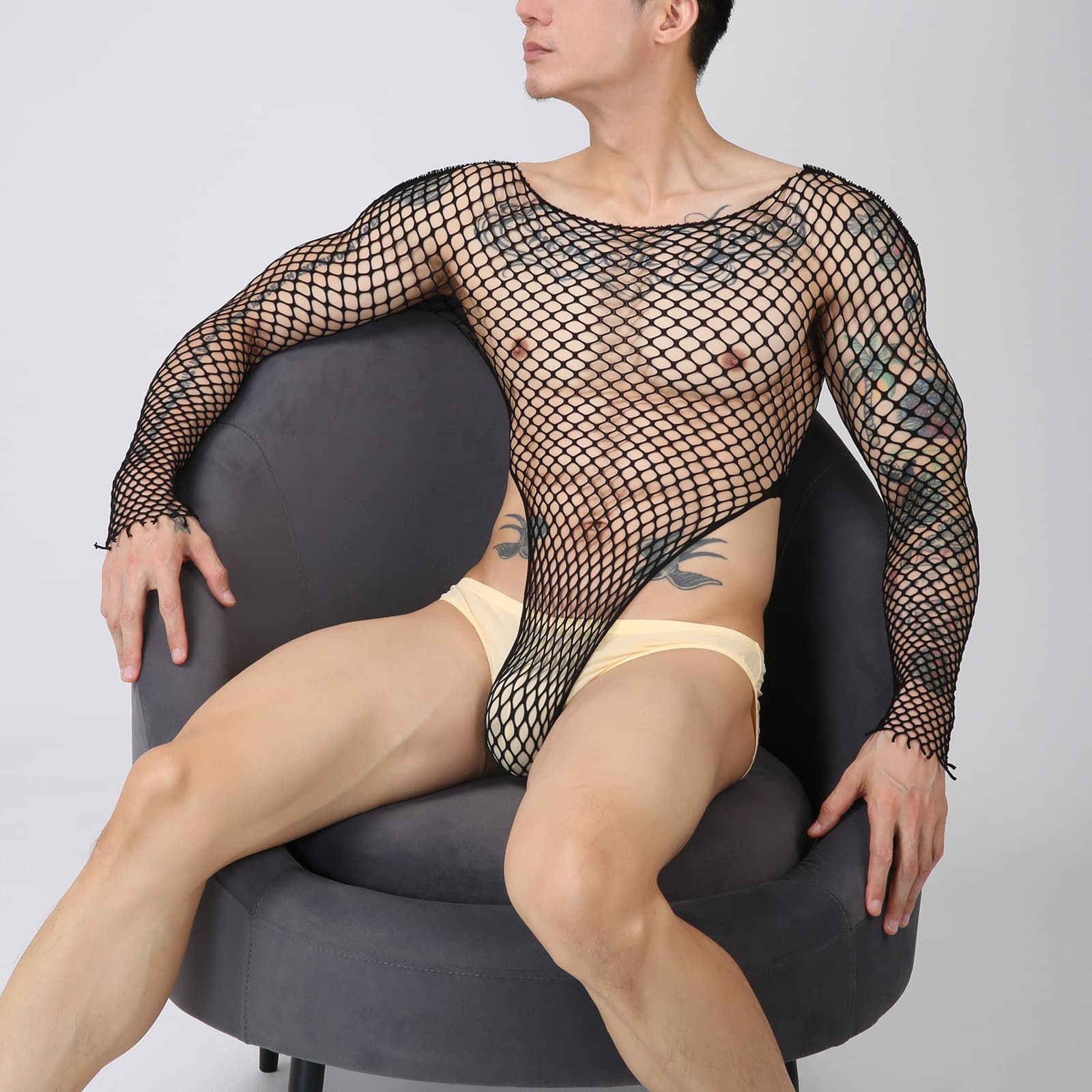European and American Export Large Mesh Men's Bikini Bodysuit Long Sleeve Lingerie