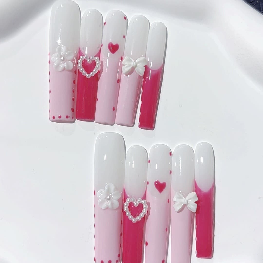 Cross-border Long 5.0 Water Pipe Armor Heart Relief 3D Small Flower Handmade Press-on Nails fakenails Wholesale