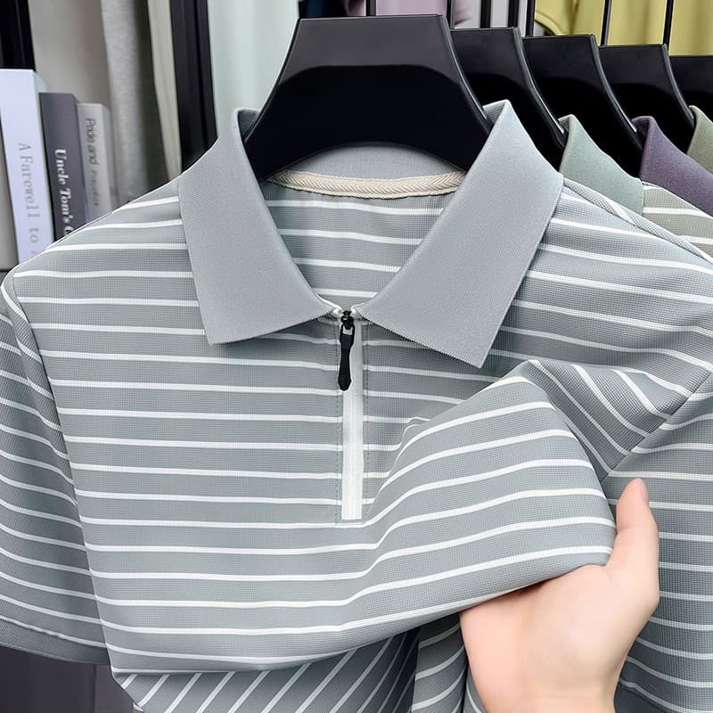 Summer new striped men's T-shirt half-zip short-sleeved Polo shirt lapel thin cotton T cross-border foreign trade men's clothing